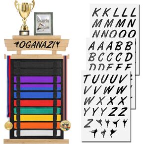 10 أحزمة رف عرض حزام الكاراتيه مع ملصقات شخصية، حامل عرض حزام التايكوندو مع رف الكأس من الخيزران، حامل عرض أحزمة الفنون القتالية اللباد للتايكوندو والكاراتيه وهدايا BJJ in Kuwait