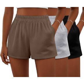 Ficerd 3 Pack Shorts Women's Gwing Shorts ، شورتات مرنة عالية الخصر من القطن الصيفي الصيفي المريح مع جيوب (أسود ، رمادي فاتح ، بني ، متوسطة) in Kuwait