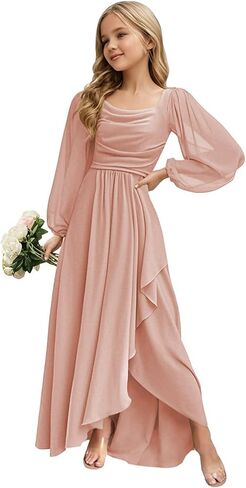 Junior Bridesmaid Dress Long Sleeve - Chiffon Flower Girl Formal Gown, 2025 Wedding Party Dress for Teen Girls in Saudi Arabia