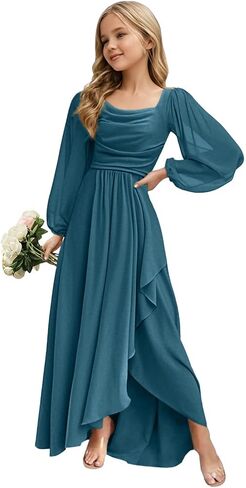 Junior Bridesmaid Dress Long Sleeve - Chiffon Flower Girl Formal Gown, 2025 Wedding Party Dress for Teen Girls in Saudi Arabia