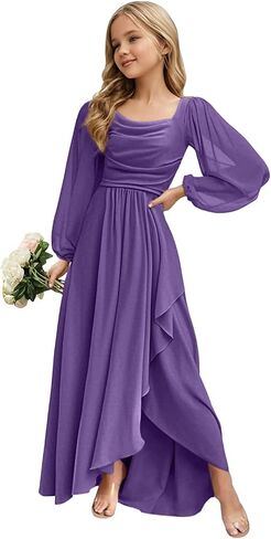 Junior Bridesmaid Dress Long Sleeve - Chiffon Flower Girl Formal Gown, 2025 Wedding Party Dress for Teen Girls in Saudi Arabia