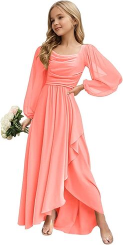 Junior Bridesmaid Dress Long Sleeve - Chiffon Flower Girl Formal Gown, 2025 Wedding Party Dress for Teen Girls in Saudi Arabia