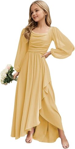 Junior Bridesmaid Dress Long Sleeve - Chiffon Flower Girl Formal Gown, 2025 Wedding Party Dress for Teen Girls in Saudi Arabia