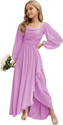 Junior Bridesmaid Dress Long Sleeve - Chiffon Flower Girl Formal Gown, 2025 Wedding Party Dress for Teen Girls in Saudi Arabia