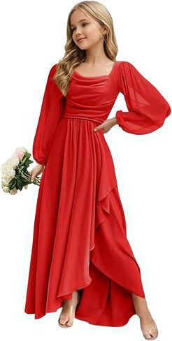 Junior Bridesmaid Dress Long Sleeve - Chiffon Flower Girl Formal Gown, 2025 Wedding Party Dress for Teen Girls in Saudi Arabia