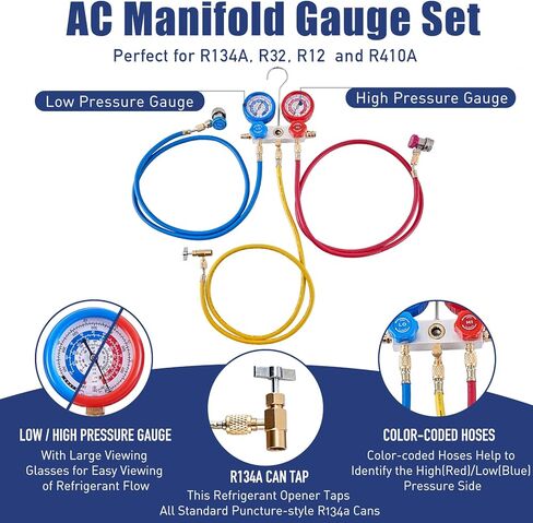 مجموعة مقياس Bacoeng AC R32 R410A ، Automotive 3 Way Freon R134A R12 HVAC Mifold Gauge مع مقاييس تبريد الخراطيم 5 أقدام in Saudi Arabia