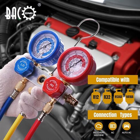 مجموعة مقياس Bacoeng AC R32 R410A ، Automotive 3 Way Freon R134A R12 HVAC Mifold Gauge مع مقاييس تبريد الخراطيم 5 أقدام in Saudi Arabia