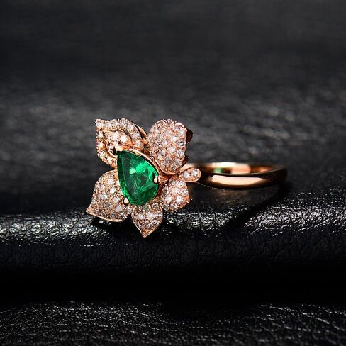 Solid 14K Rose Yellow Gold Natural Emerald Rings Engagement Wedding Diamond Band for Women Promotion in Saudi Arabia