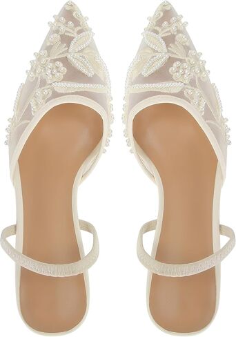 Embroidered Kitten Heels for Women Pointed Toe Mesh Floral Slingback Heeled Sandals With Pearl Slip On Backless Bridal Wedding Sandals Shoes in Saudi Arabia