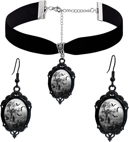 Gothic Necklace Earrings Set for Women,Vintage Black Velvet Witch/Crow/Bat Glass Pendant Necklace Punk Style Crystal Cameo Glass Jewelry Set Goth Victorian Costume Halloween Accessories in Saudi Arabia