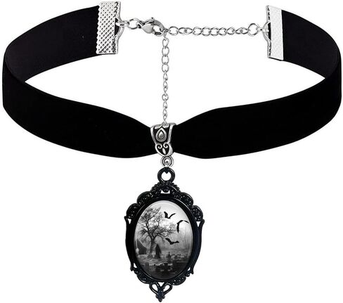Gothic Necklace Earrings Set for Women,Vintage Black Velvet Witch/Crow/Bat Glass Pendant Necklace Punk Style Crystal Cameo Glass Jewelry Set Goth Victorian Costume Halloween Accessories in Saudi Arabia
