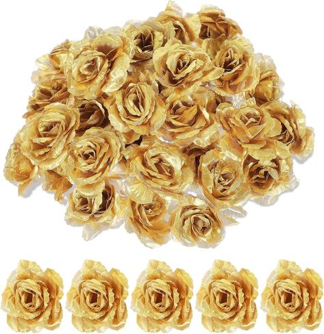 Gold Roses Artificial Flowers, 30 Pcs Fake Silk Gold Flowers Real Looking Faux Blossom Rose Flower Head for Wedding Bouquet Party Decor DIY Crafts Floral Arrangements in Saudi Arabia