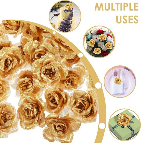 Gold Roses Artificial Flowers, 30 Pcs Fake Silk Gold Flowers Real Looking Faux Blossom Rose Flower Head for Wedding Bouquet Party Decor DIY Crafts Floral Arrangements in Saudi Arabia