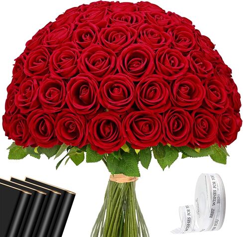 Waipfaru Red Roses الزهور الاصطناعية بالجملة ، الورود المخملية الحقيقية اللمسة مع ورق التغليف ، و 50 PCS زهور مزيفة لحفل الزفاف باقة الزفاف الفالنتين in Kuwait