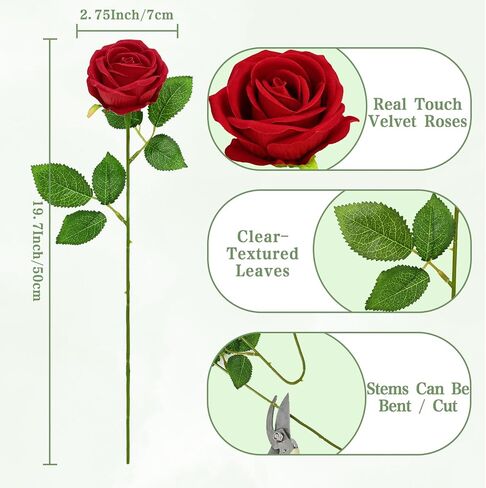 Waipfaru Red Roses الزهور الاصطناعية بالجملة ، الورود المخملية الحقيقية اللمسة مع ورق التغليف ، و 50 PCS زهور مزيفة لحفل الزفاف باقة الزفاف الفالنتين in Kuwait