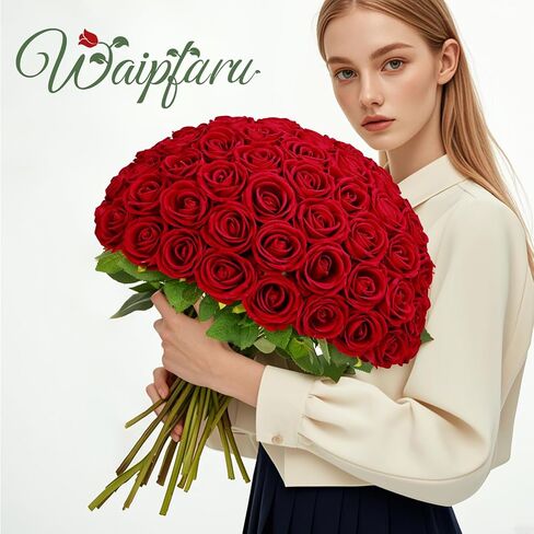 Waipfaru Red Roses الزهور الاصطناعية بالجملة ، الورود المخملية الحقيقية اللمسة مع ورق التغليف ، و 50 PCS زهور مزيفة لحفل الزفاف باقة الزفاف الفالنتين in Kuwait