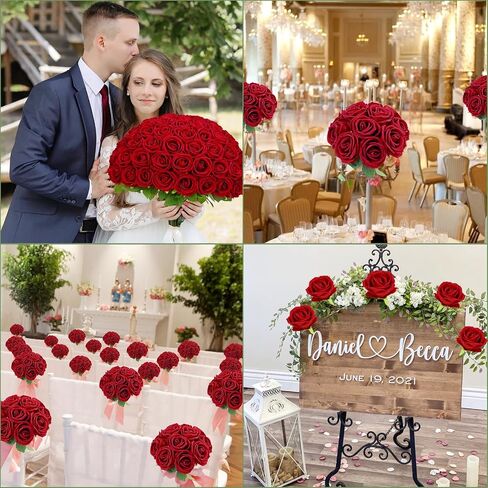 Waipfaru Red Roses الزهور الاصطناعية بالجملة ، الورود المخملية الحقيقية اللمسة مع ورق التغليف ، و 50 PCS زهور مزيفة لحفل الزفاف باقة الزفاف الفالنتين in Kuwait