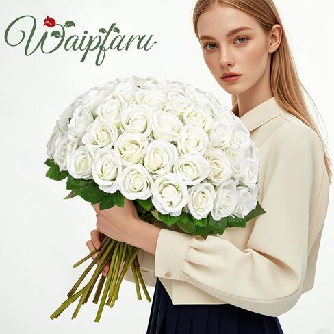 Waipfaru Red Roses الزهور الاصطناعية بالجملة ، الورود المخملية الحقيقية اللمسة مع ورق التغليف ، و 50 PCS زهور مزيفة لحفل الزفاف باقة الزفاف الفالنتين in Kuwait