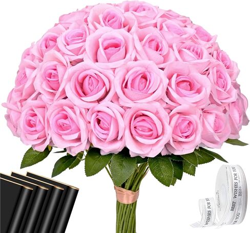 Waipfaru Red Roses الزهور الاصطناعية بالجملة ، الورود المخملية الحقيقية اللمسة مع ورق التغليف ، و 50 PCS زهور مزيفة لحفل الزفاف باقة الزفاف الفالنتين in Saudi Arabia