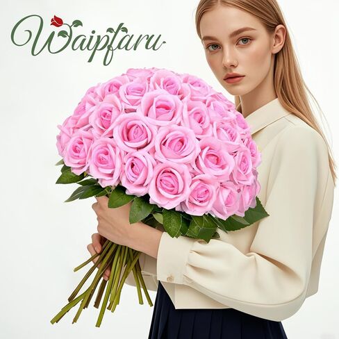 Waipfaru Red Roses الزهور الاصطناعية بالجملة ، الورود المخملية الحقيقية اللمسة مع ورق التغليف ، و 50 PCS زهور مزيفة لحفل الزفاف باقة الزفاف الفالنتين in Saudi Arabia
