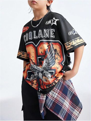 WDIRARA Boy's Number Graphic Jersey Shirt Crew Neck Short Sleeve Tee Oversized Top in Saudi Arabia