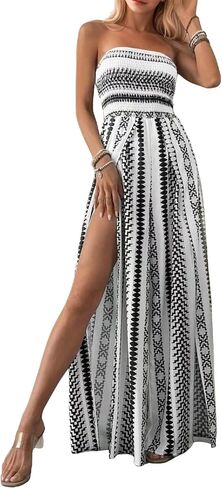 Women's Strapless Bohemian Jumpsuit Summer Long Slit Thigh Print Jumpsuit Off Shoulder Collar Casual Beachwear in Saudi Arabia