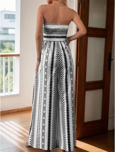 Women's Strapless Bohemian Jumpsuit Summer Long Slit Thigh Print Jumpsuit Off Shoulder Collar Casual Beachwear in Saudi Arabia