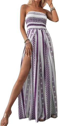 Women's Strapless Bohemian Jumpsuit Summer Long Slit Thigh Print Jumpsuit Off Shoulder Collar Casual Beachwear in Saudi Arabia