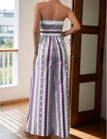 Women's Strapless Bohemian Jumpsuit Summer Long Slit Thigh Print Jumpsuit Off Shoulder Collar Casual Beachwear in Saudi Arabia