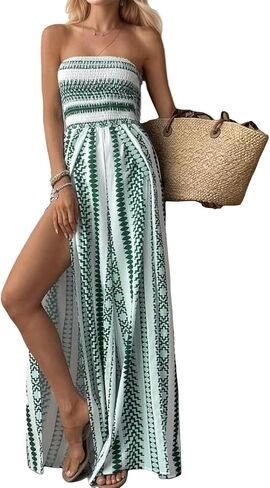 Women's Strapless Bohemian Jumpsuit Summer Long Slit Thigh Print Jumpsuit Off Shoulder Collar Casual Beachwear in Saudi Arabia
