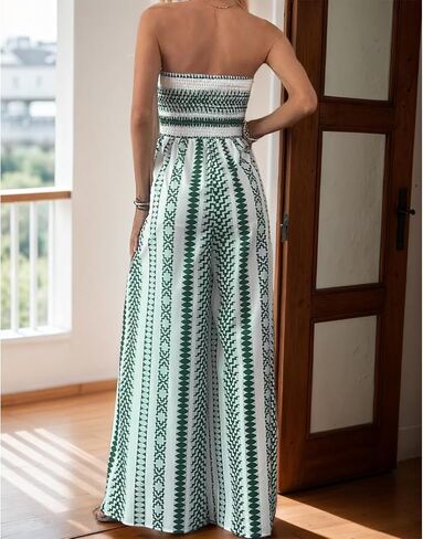 Women's Strapless Bohemian Jumpsuit Summer Long Slit Thigh Print Jumpsuit Off Shoulder Collar Casual Beachwear in Saudi Arabia