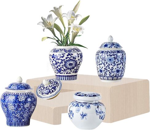 Set of 4 Small Blue and White Vintage Vase Porcelain Ginger Jars Mini Chinoiserie Vase for Home Bedroom Table Accent Shelf Tabletop Decor in Saudi Arabia