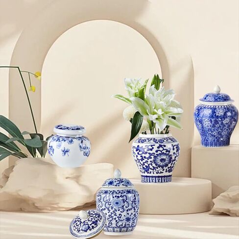 Set of 4 Small Blue and White Vintage Vase Porcelain Ginger Jars Mini Chinoiserie Vase for Home Bedroom Table Accent Shelf Tabletop Decor in Saudi Arabia
