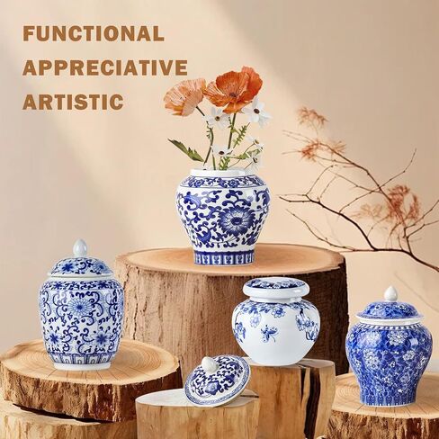 Set of 4 Small Blue and White Vintage Vase Porcelain Ginger Jars Mini Chinoiserie Vase for Home Bedroom Table Accent Shelf Tabletop Decor in Saudi Arabia
