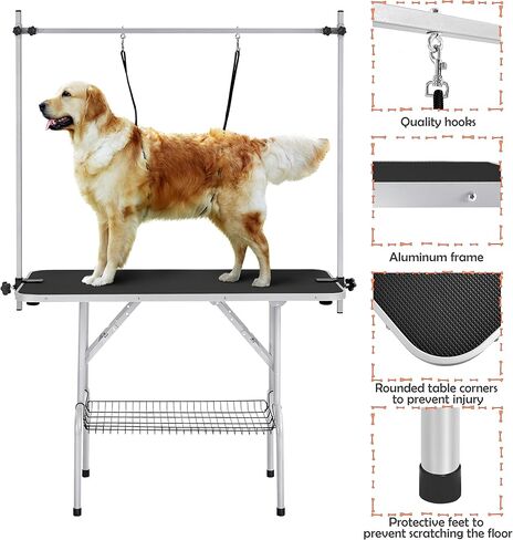 Yaheetech 46'' Pet Grooming Table for Large Dogs Adjustable Height Portable Trimming Table Drying Table w/Arm/Noose/Mesh Tray Maximum Capacity Up to 265Lb, Black in Saudi Arabia
