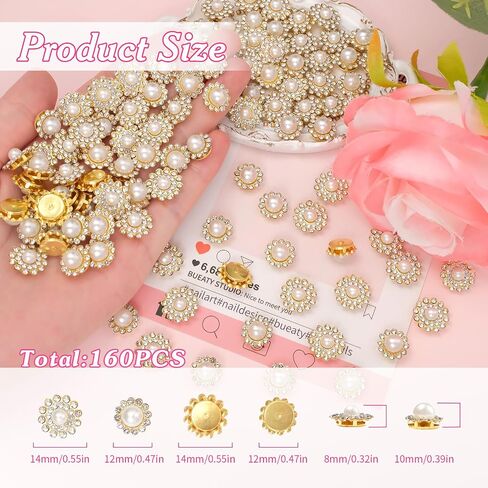 160 Pcs Jewels for Hats, Sew on Rhinestones for Bedazzling, 10/12/14 mm Crystal Glass with Flower Metal Base, Flatback Sew on Pearls, Gems for Clothes Shoes Bags & Sewing Accessories in Saudi Arabia