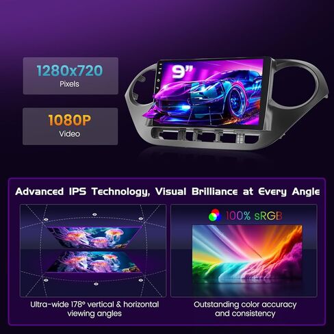 Android 13 [2+64G] for Hyundai I10 2014-2017 (LHD) Car Stereo with Wireless Carplay Android Auto Mirror Link, 9’Touchscreen Radio WiFi/GPS/FM/RDS/Bluetooth/SWC/Waterproof Night Backup Cam Mic in Kuwait