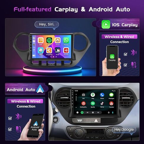 Android 13 [2+64G] for Hyundai I10 2014-2017 (LHD) Car Stereo with Wireless Carplay Android Auto Mirror Link, 9’Touchscreen Radio WiFi/GPS/FM/RDS/Bluetooth/SWC/Waterproof Night Backup Cam Mic in Kuwait