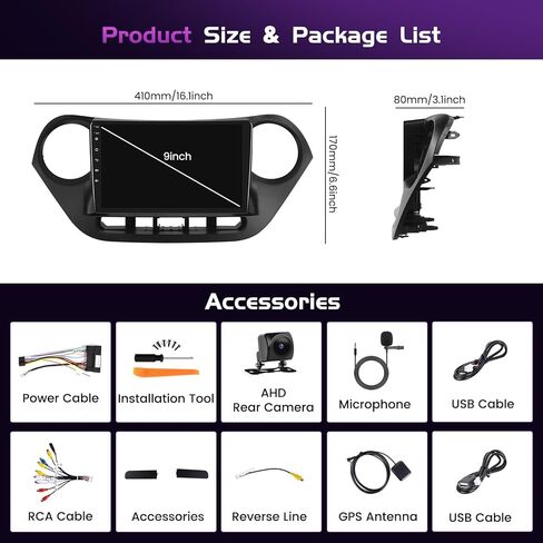 Android 13 [2+64G] for Hyundai I10 2014-2017 (LHD) Car Stereo with Wireless Carplay Android Auto Mirror Link, 9’Touchscreen Radio WiFi/GPS/FM/RDS/Bluetooth/SWC/Waterproof Night Backup Cam Mic in Kuwait