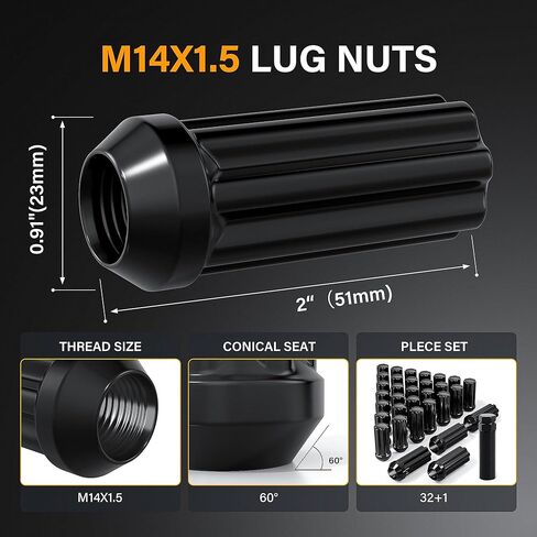 M14x1.5 Lug Nuts Black مع موالف خط المتسابقين ، طوله 2 بوصات مع مقعد مخروط ، كهربي كهربائي أسود متوافق مع شيفروليه سيلفرادو سوبربان 1500 فورد إكسبيديشن ، مجموعة من 32+1 in Kuwait