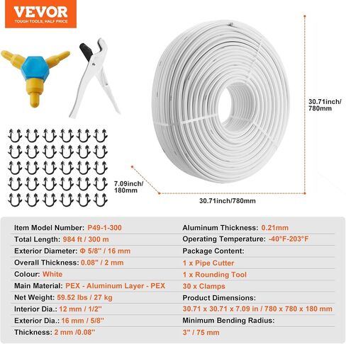 أنبوب VEVOR PEX-AL-PEX، 82 قدمًا، 5/8 بوصة قطر أنبوب مركب من الألومنيوم والبلاستيك حاجز الأكسجين أنبوب PEX للأرضية المشعة، سمك 0.08 بوصة سباكة أرضية حرارية مشعة 25 مترًا من طبقة الألومنيوم الداخلية أنبوب أنابيب PEX in Saudi Arabia
