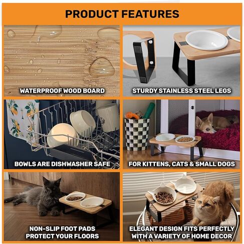 Elevated Cat Steel Bowls Stand for Food and Water, Small Dog, Anti Vomit, Indoor Cats, Tilted Feeding Position, Full Bamboo Body Stand with Food Grade, Feeding Station for Cats and Puppy in Saudi Arabia