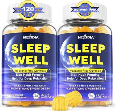 Melatonin Free Sleep Gummies with Magnesium Glycinate, GABA, 5-HTP, L-Theanine, Valerian, Chamomile, Lemon Balm, Vitamin D3 & B6 - Hormone & Drug- Free, Non-Habit Forming,2 Pack in Kuwait