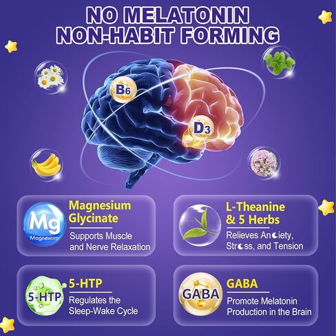 Melatonin Free Sleep Gummies with Magnesium Glycinate, GABA, 5-HTP, L-Theanine, Valerian, Chamomile, Lemon Balm, Vitamin D3 & B6 - Hormone & Drug- Free, Non-Habit Forming,2 Pack in Kuwait