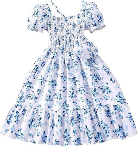Floerns Girl's Floral A Line Midi Ruffle Dresses Square Neck Puff Sleeve Dress with a Bag in Saudi Arabia