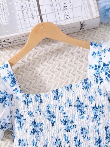 Floerns Girl's Floral A Line Midi Ruffle Dresses Square Neck Puff Sleeve Dress with a Bag in Saudi Arabia