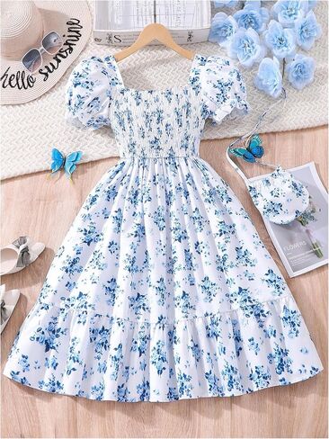 Floerns Girl's Floral A Line Midi Ruffle Dresses Square Neck Puff Sleeve Dress with a Bag in Saudi Arabia