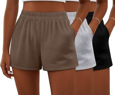 Ficerd 3 Pack Shorts Women's Gwing Shorts ، شورتات مرنة عالية الخصر من القطن الصيفي الصيفي المريح مع جيوب (أسود ، رمادي فاتح ، بني ، متوسطة) in Saudi Arabia