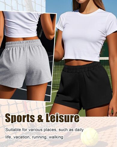 Ficerd 3 Pack Shorts Women's Gwing Shorts ، شورتات مرنة عالية الخصر من القطن الصيفي الصيفي المريح مع جيوب (أسود ، رمادي فاتح ، بني ، متوسطة) in Kuwait