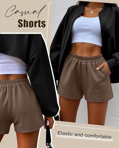 Ficerd 3 Pack Shorts Women's Gwing Shorts ، شورتات مرنة عالية الخصر من القطن الصيفي الصيفي المريح مع جيوب (أسود ، رمادي فاتح ، بني ، متوسطة) in Kuwait